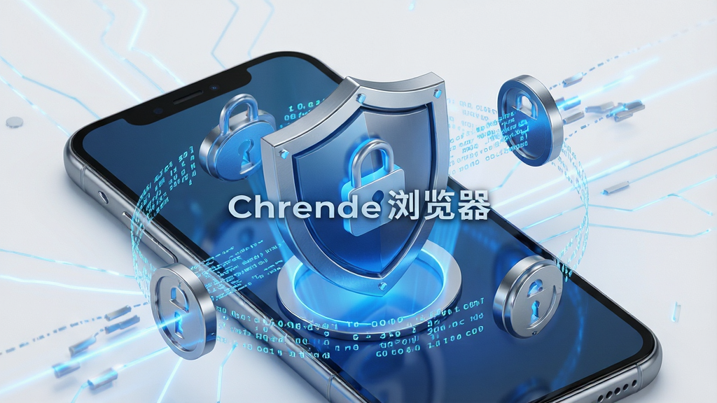 一张表现Chrende浏览器隐私防护的示意图,画面为一部手机屏幕显示盾牌图标和锁形图标,周围有数据流被拦截的视觉效果,画面中央有“Chrende浏览器”字样,布局为盾牌居中,数据流环绕,风格为安全科技风,细节包括蓝色光效和金属质感,画质为高清4K,干净,无多余元素