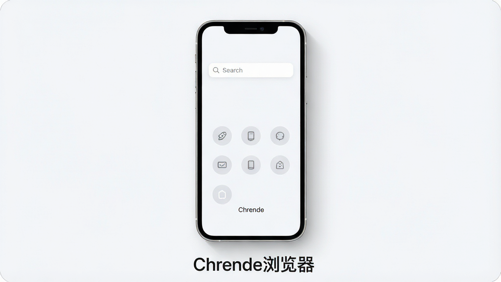 一张展示Chrende浏览器简洁界面的效果图,画面为一部手机正面,屏幕显示极简首页,只有搜索框和几个圆形图标,背景为浅色留白,手机周围有轻薄的阴影,画面底部有“Chrende浏览器”文字,布局为手机居中,风格为极简清新风,细节包括柔和的圆角和干净的留白,画质为高清4K,干净,无多余元素