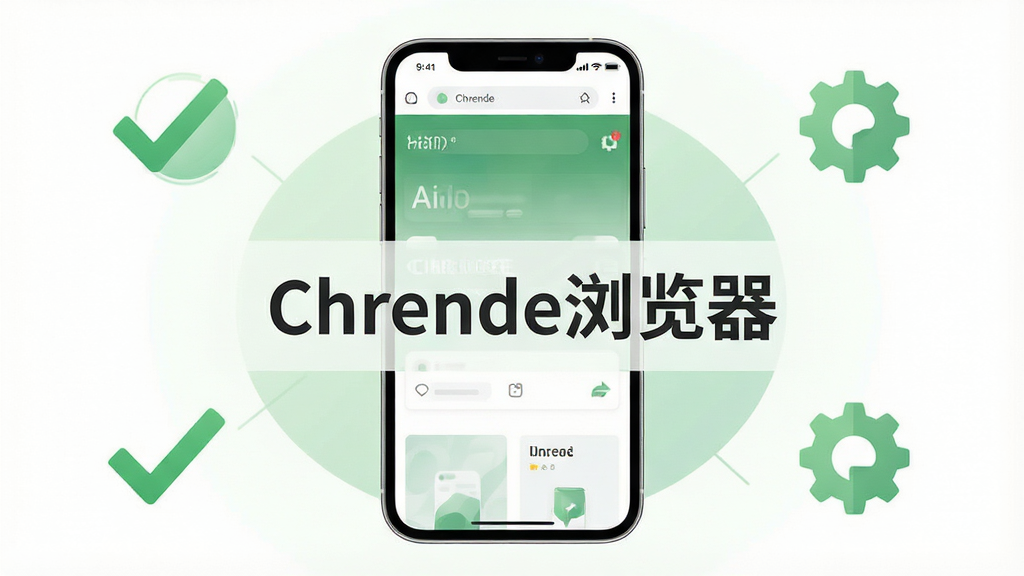 一张展示Chrende浏览器在手机上稳定运行的示意图,画面为一部手机屏幕显示网页正常加载,旁边有绿色对勾和齿轮图标,画面中央有“Chrende浏览器”字样,布局为手机居中,图标环绕,风格为简洁实用风,细节包括清晰的对勾和柔和的绿色调,画质为高清4K,干净,无多余元素