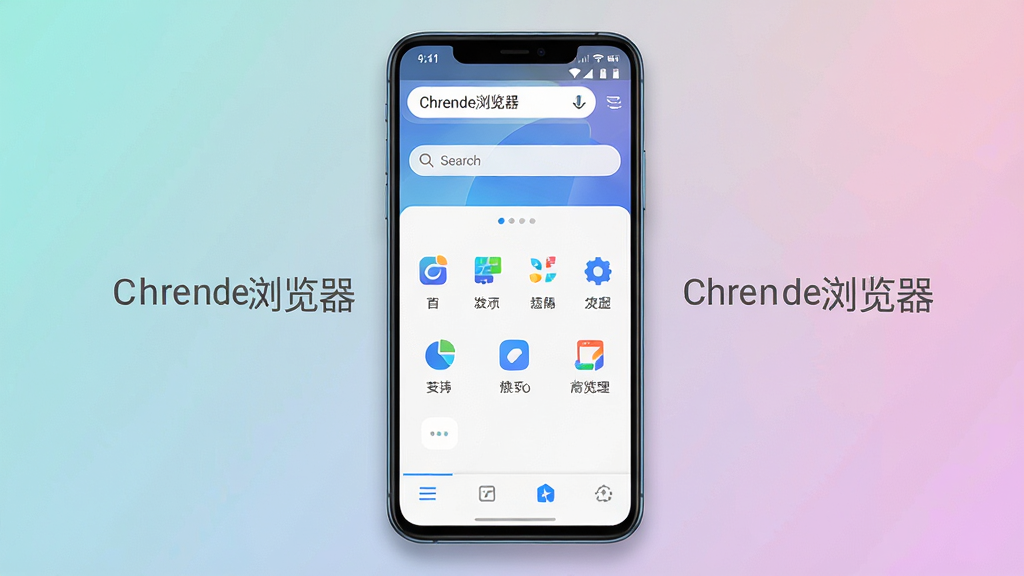 一张展示Chrende浏览器手机端主界面的预览图,画面中央是一部竖屏安卓手机,手机屏幕上显示Chrende浏览器的首页,顶部有地址栏和搜索框,中间是简洁的快捷导航图标,底部是菜单栏,背景为纯色渐变,整体风格干净清爽,画面中文字为“Chrende浏览器”,布局居中对称,风格为现代科技简约风,细节包括清晰的图标边缘和柔和的阴影,画质为高清4K,干净,无多余元素
