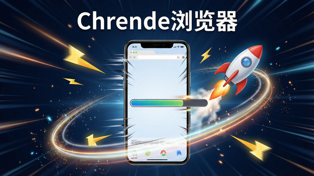 一张表现Chrende浏览器极速加载能力的示意图,画面主体是一部手机,手机屏幕中网页进度条快速前进,周围环绕着速度线和闪电符号,手机旁边有一个火箭图标,画面中央上方有“Chrende浏览器”字样,布局为手机居中,速度元素环绕四周,风格为动感科技风,细节包括光效和粒子效果,画质为高清4K,干净,无多余元素