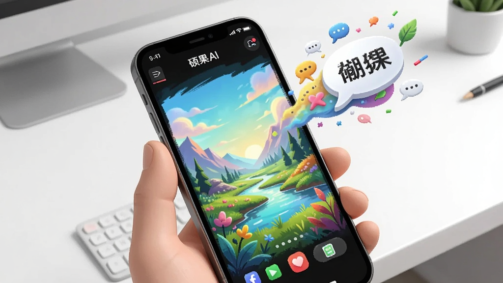 һ��չʾAI�滭���ܵĳ���ͼ��������һֻ�������ֻ����ֻ���Ļ��ʾ˶��AIӦ����������һ��ɫ��Ѥ���ķ羰��������Ԫ�ش������������𽥸��֣�����Ϊ�ɾ��İ�ɫ����̨�����Ϊ�ִ���Լ�廭��ϸ�������������������ɾ��޶���Ԫ��