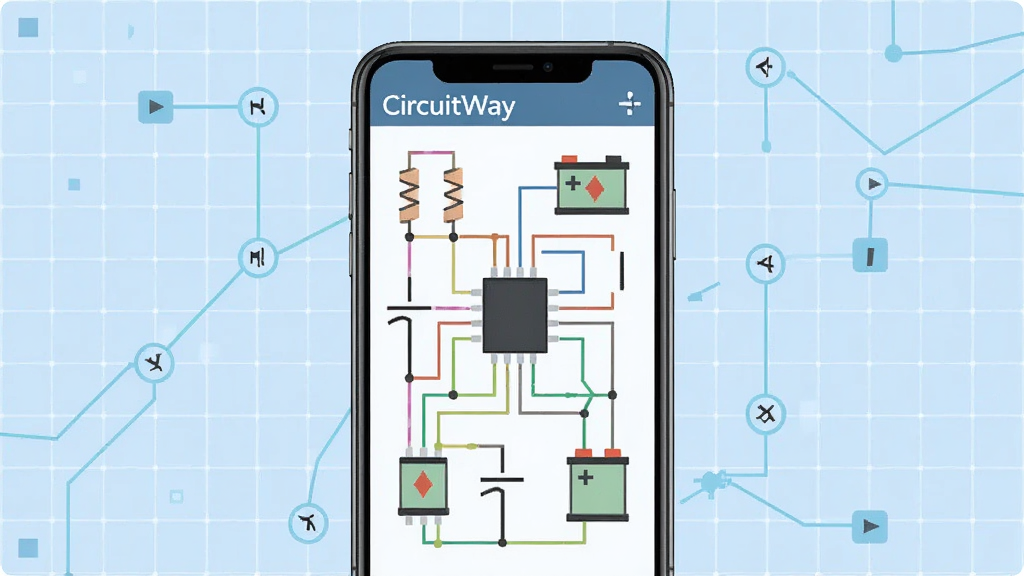 һ��չʾCircuitWay��������ĸ���ͼ��������һ�������ֻ���Ļ����Ļ����ʾ�Ų�ɫ��·ͼ�͵���Ԫ�����ţ�����Ϊ�ֻ����з��ã������ǵ���ɫ�ĿƼ������񣬷��Ϊ�ִ���ƽ��UI��ƣ�ϸ�ڰ������衢���ݡ���غ͵������ӵ�����ͼʾ�������������ɾ����޶���Ԫ��