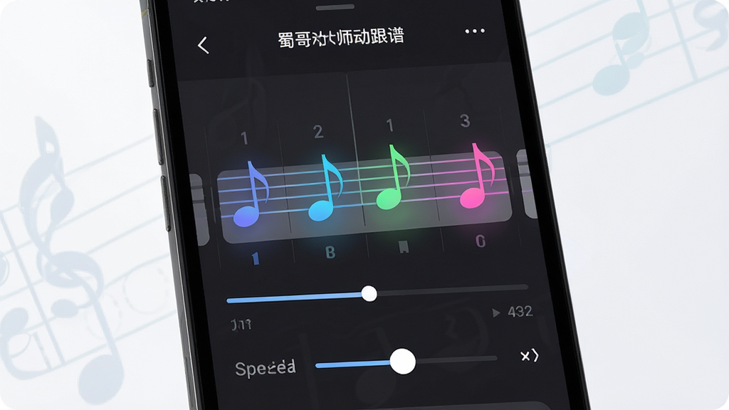 一张展示蜀哥动谱大师动态跟谱功能的图片,主体为手机屏幕中曲谱音符随节奏滚动、当前小节高亮的效果,布局为特写手机屏幕,排版简洁,风格为清新科技感,细节包括音符颜色渐变、播放进度条、速度调节滑块,画质高清,干净,无多余元素