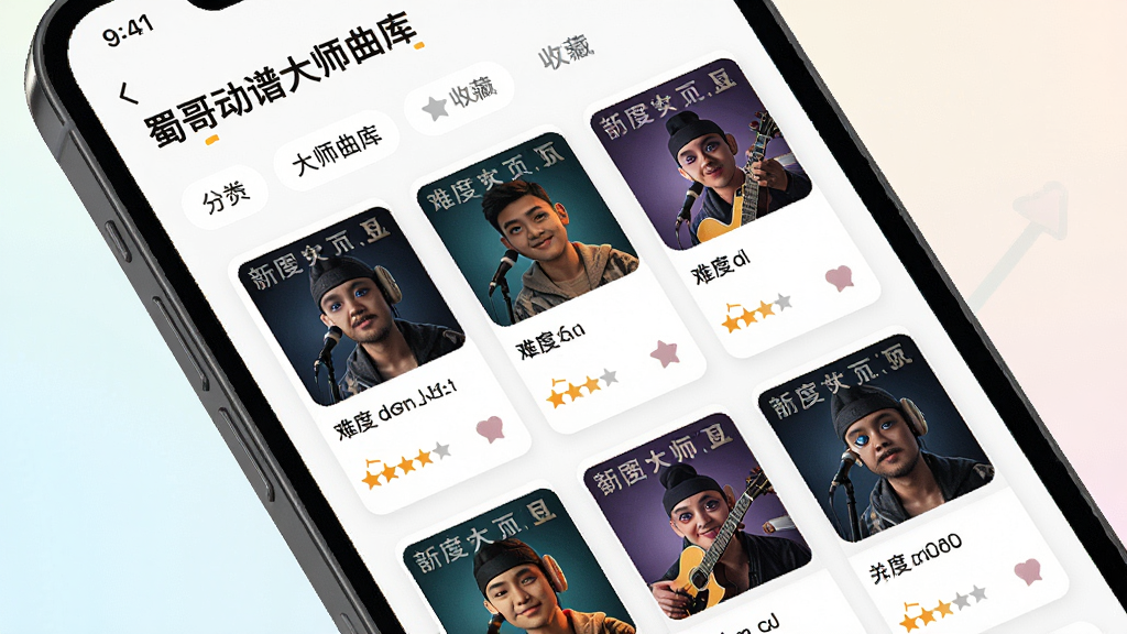 一张展示蜀哥动谱大师曲库界面的图片,主体为手机屏幕中曲库列表与分类标签,布局为网格卡片式排列,排版规整,风格为明亮活泼的现代UI风格,细节包括歌曲封面缩略图、难度星级、收藏按钮,画质高清,干净,无多余元素