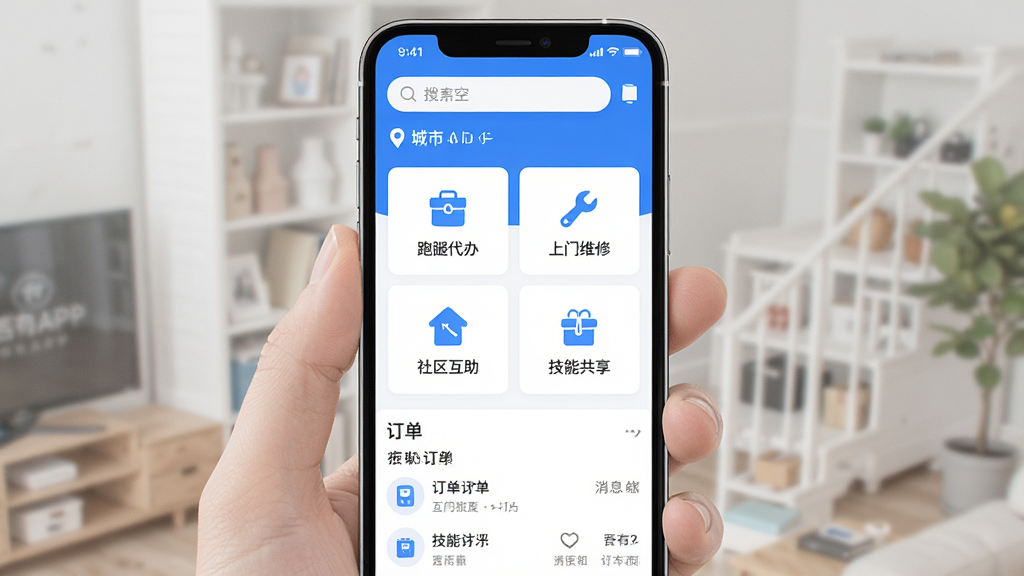 吾有空APP主界面全貌展示,画面中央是一部智能手机,屏幕显示吾有空应用首页,页面顶部有搜索栏和城市定位,中部展示跑腿代办、上门维修、社区互助、技能共享四个功能入口图标,底部为订单列表和消息通知,整体布局清晰,风格简洁现代,配色以蓝白为主,干净明亮,画质高清,无多余元素