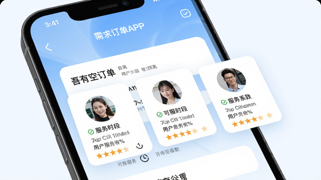 吾有空APP智能匹配功能界面,画面展示手机屏幕中一个需求订单发布后,系统自动弹出三位附近服务者的头像卡片,每张卡片标注距离、可服务时段和用户评分,背景为淡蓝色渐变,风格简洁科技感,画质清晰,无杂乱元素