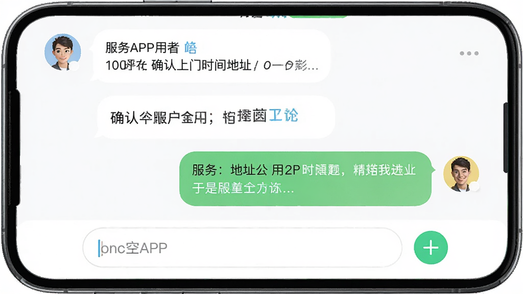 吾有空APP聊天界面,画面展示手机屏幕中双方对话气泡,左侧为服务者消息,右侧为用户消息,内容涉及确认上门时间和地址,底部有输入框和加号功能按钮,界面干净,配色清新,画质高清,无杂乱元素