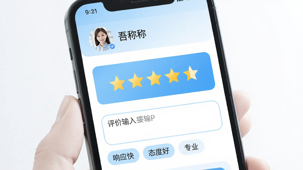 吾有空APP评价页面,画面展示手机屏幕中一个五星评分界面,下方有文字评价输入框和标签选项如