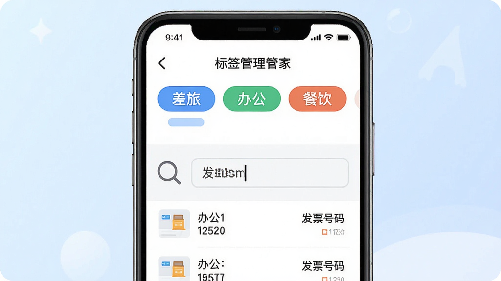 ����չʾ���ӷ�Ʊ�����ܼ�Ӧ���ڵı�ǩ����ҳ�棬�ֻ���Ļ�����ж����ɫ��ǩ����ǩ��д�С����á����칫������������������ǩ�·���һ������ķ�Ʊ��Ŀ���Ա���һ���Ŵ�ͼ��ָ����������������д�С���Ʊ���롱�������������ǳɫ��ƽ����񣬱���Ϊ�������䣬ϸ�����������廭�ʣ�����ɾ�������
