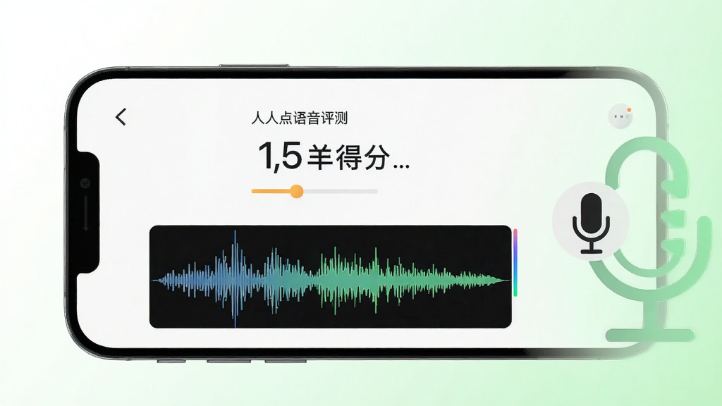 一张展示人人点读语音评测功能的画面,主体是手机屏幕上的跟读评分界面,显示发音得分和波形对比图,旁边有一个麦克风图标,背景是简洁的白色到浅绿色渐变,布局为上下结构,风格为科技感简约风,细节包括分数数字和鼓励文字,画质高清,干净,无多余元素