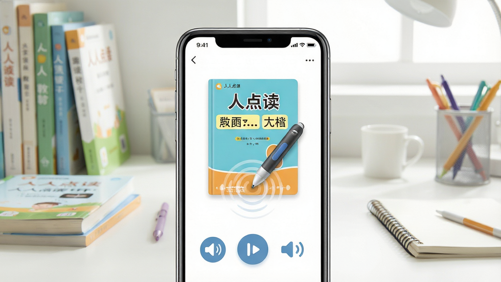 一张展示人人点读软件主界面的场景图,画面中央是一部智能手机,屏幕上显示人人点读的教材点读界面,有课本封面、点读笔图标和发音按钮,背景是明亮的书房环境,书桌上放着几本教材和文具,整体布局为居中构图,风格清新简约,细节包括屏幕上的高亮句子和播放波纹,画质高清,干净,无多余元素
