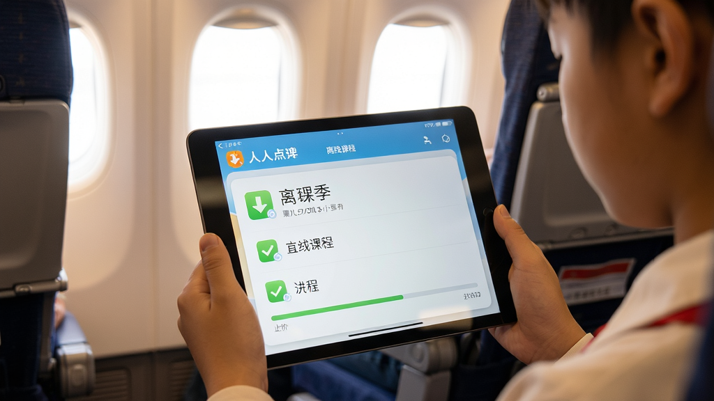 一张体现人人点读离线学习功能的场景图,画面中是一个学生在没有网络的环境下使用平板电脑点读,屏幕上显示人人点读的离线课程列表和进度条,背景是飞机客舱或高铁座位,布局为居中构图,风格为温暖写实,细节包括下载完成的勾选图标和电量显示,画质高清,干净,无多余元素