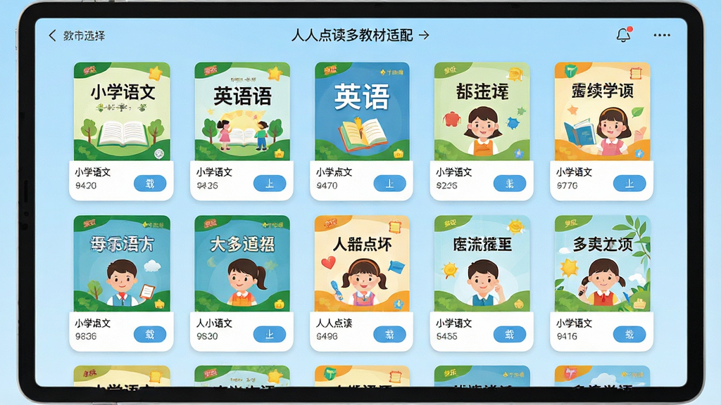 一张展示人人点读多教材适配的界面图,画面中央是软件内的教材选择页面,排列着多个教材封面卡片,有小学语文、英语等不同科目,背景是柔和的浅蓝色渐变,布局为网格状排列,风格为扁平化设计,细节包括卡片上的年级标签和下载按钮,画质高清,干净,无多余元素