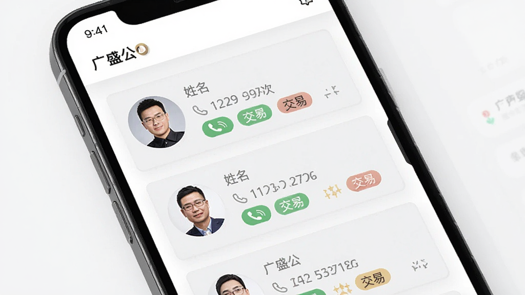 ��������ʢ�����ͻ��������棬����չʾ�ֻ���Ļ�ڿͻ�������Ƭ�б���ÿ�ſ�Ƭ����ͷ���������绰ͼ���뽻�ױ�ǩ������Ϊ��ɫ��ǳ�Ҵ��䣬���������ϸ�����������ʸɾ����޶���Ԫ��