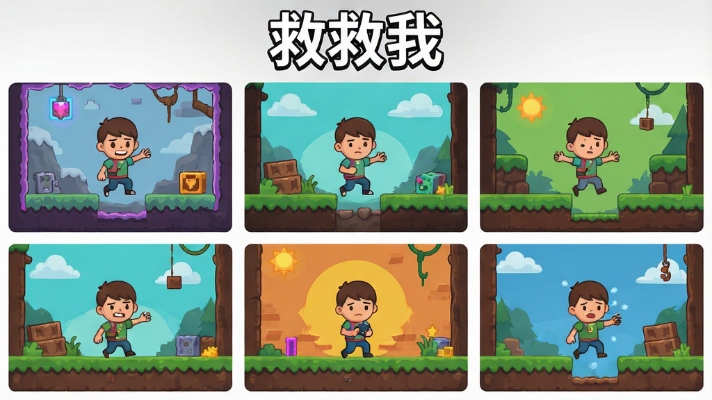 一张展示游戏多个关卡缩略图的画面,画面中有六张小图排列成两行三列,每张小图展示不同的游戏场景和角色困境,画面顶部有