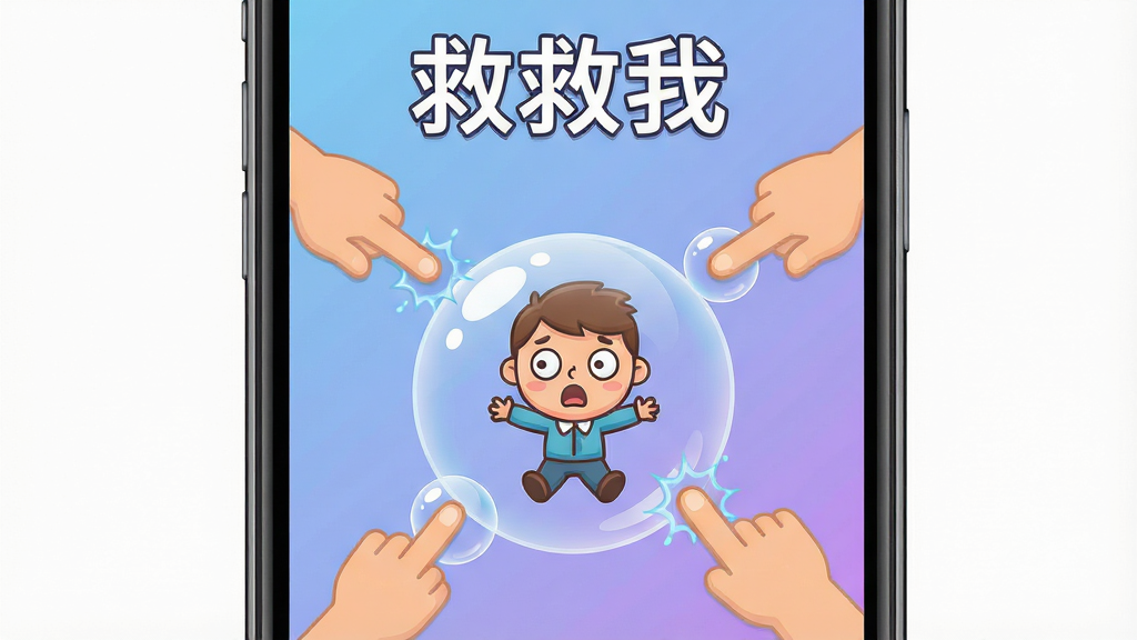一张手机屏幕展示休闲游戏画面,画面中央是一个卡通小人被困在透明气泡中,周围有多个手指点击气泡的图标,背景是柔和的蓝紫色渐变,画面顶部有
