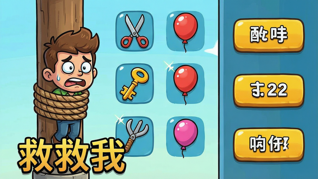 一张游戏关卡界面截图风格图片,画面中一个卡通角色被绳子绑在柱子上,周围有剪刀、钥匙、气球等道具图标,画面下方有