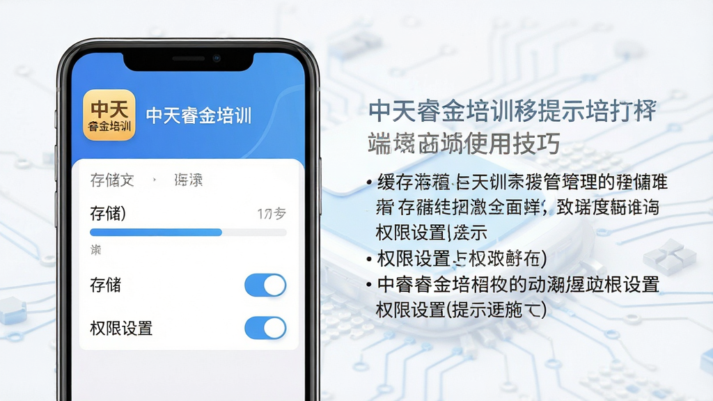 一幅展示中天睿金培训移动端使用技巧的示意图,主体为手机屏幕显示缓存管理与权限设置界面,布局采用左右分栏,排版左侧为设置选项右侧为提示说明,风格为扁平化科技风,细节包括“中天睿金培训”应用图标、存储条、开关按钮,画质高清,干净,无多余元素