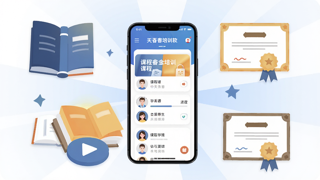 一张展示中天睿金培训软件核心全貌的宣传图,主体为一部智能手机屏幕显示课程列表界面,周围环绕着书籍、证书、播放按钮等学习元素,布局采用中心放射式构图,排版简洁现代,风格为扁平化插画,细节包括课程卡片、进度条、用户头像,画质高清,干净,无多余元素