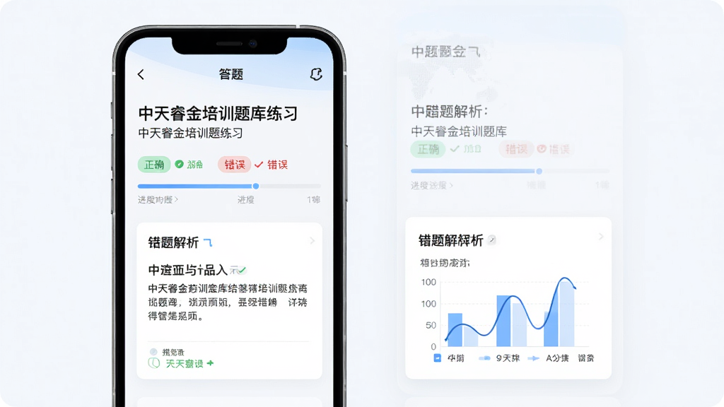 一幅展示中天睿金培训题库练习功能的界面示意图,主体为手机屏幕显示答题界面与错题解析,布局采用上下分层结构,排版上方为题目下方为解析卡片,风格为清新浅色UI风格,细节包括正确与错误标记、进度条、统计图表,画质高清,干净,无多余元素