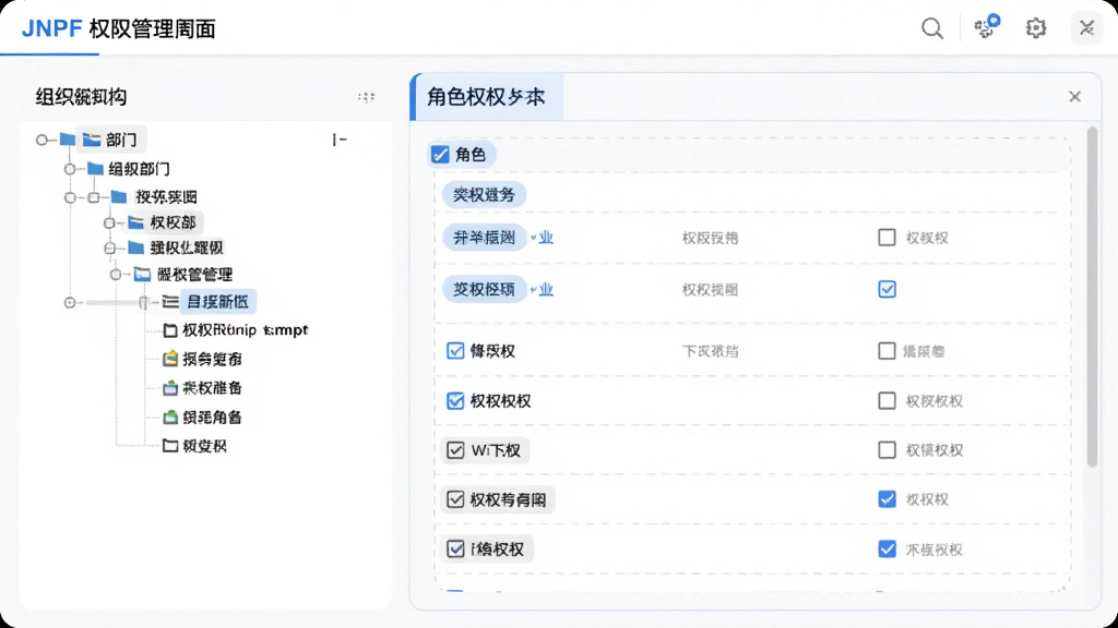 ����չʾ��JNPF��Ȩ�޹������棬����Ϊ�����֯�ܹ������Ҳ��ɫȨ�޹�ѡ�б��������а������Žڵ㡢��ɫ��ǩ��Ȩ�޸�ѡ���в����ѹ�ѡ������Ϊ��ɫ�����������Ϊ���칫�����磬ϸ�ڰ�����ɫѡ��״̬����ɫ�ָ��ߡ�Բ����壬���������ɾ����޶���Ԫ��