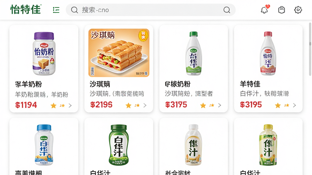 ��������Ϊ�����ؼѡ�Ӧ���ڵ���Ʒ�б�ҳ��չʾ���̷ۡ�ɳ���ꡢ����֭�Ȳ�Ʒ��Ƭ��ÿ�ſ�Ƭ������ƷͼƬ�����ƺͼ�Ҫ˵�������ֲ��������������У��������򣻷��Ϊ�ɾ������ĵ����б��磬�԰�ɫ����Ϊ������Ƭ����΢��Ӱ��ϸ�ڰ�����ƷͼƬ�������۸��ǩ��Ŀ�������������������ʸ��壬�ɾ����޶���Ԫ��