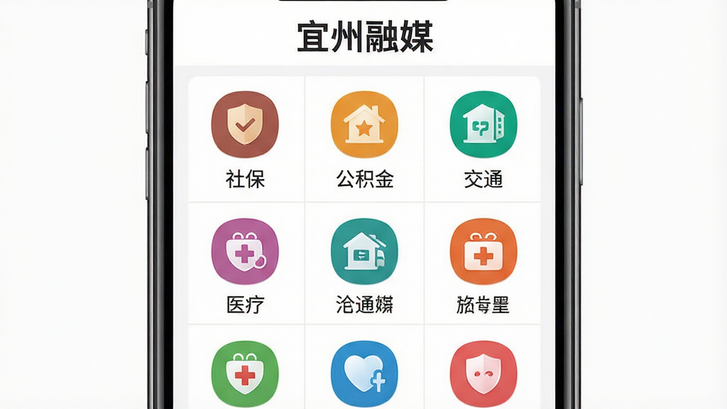 ������ý������������ҳ�棬�ֻ���Ļ��ʾ������ͼ�����񣬰����籣�������𡢽�ͨ��ҽ�Ƶ�ͼ�꣬�����С�������ý������������Ϊ�Ź����Ű棬���Ϊ���������APP���棬ϸ�ڰ�����ɫͼ����������ֱ�ǩ�����ʸ��壬����ɾ����޶���Ԫ��