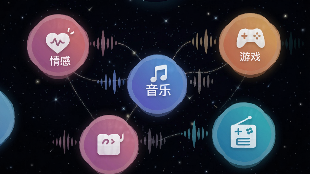 画面展示多个圆形语音房间图标悬浮在空中,每个图标内标注不同主题如“情感”“音乐”“游戏”“电台”,图标之间由声波线条连接。背景是深色星空质感,点缀微弱光点。整体风格现代简洁,色彩层次分明,画质清晰干净,突出“声声语音”多房间分类的特色。