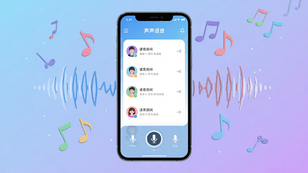 画面中央展示一部智能手机,手机屏幕中显示“声声语音”APP的主界面,界面包含语音房间列表、用户头像和麦克风图标。手机周围环绕着声波纹理和彩色音符元素,背景为柔和的渐变蓝紫色调。整体采用扁平化UI设计风格,细节清晰,画质干净明亮,无多余杂乱元素,适合软件下载站展示。