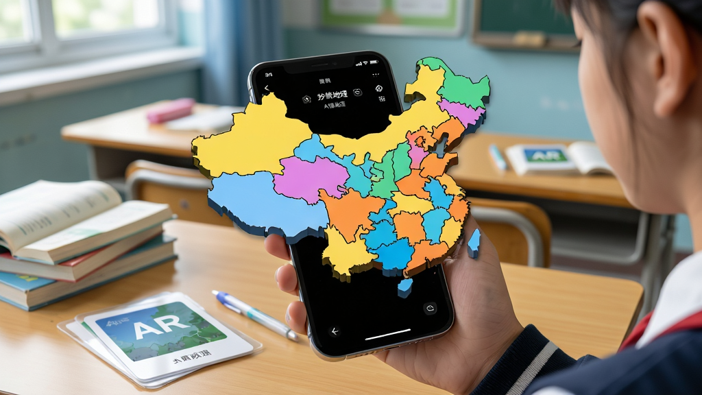 一个学生手持手机,手机屏幕上显示着妙懂地理的AR中国政区地图,3D地图悬浮在手机上方,省份轮廓清晰,色彩鲜明。背景是教室课桌,桌上有课本和AR卡片。风格为科技教育感,细节丰富,画质高清,干净,无多余元素。