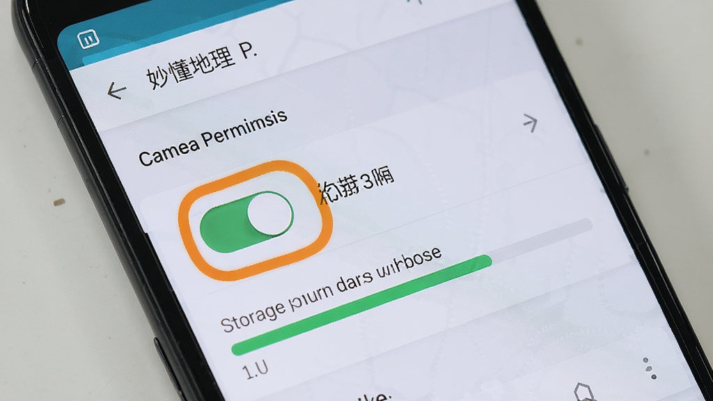 一部安卓手机屏幕显示妙懂地理的设置页面,页面中相机权限开关被高亮标注,旁边有存储空间使用情况进度条,背景为浅色设置界面。风格为手机截图展示,细节清晰,画质高清,干净,无多余元素。