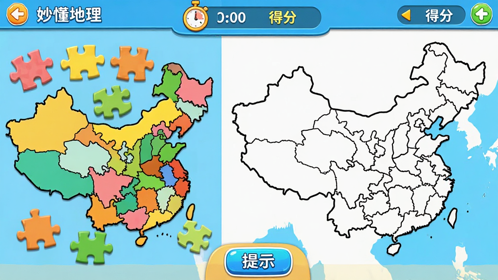 妙懂地理软件内的闯关游戏界面截图,画面显示中国政区拼图关卡,左侧是散落的省份拼图块,右侧是空白的中国地图轮廓,界面顶部有计时和得分,底部有提示按钮。整体风格为卡通游戏化设计,色彩明快,画质清晰,干净,无多余元素。