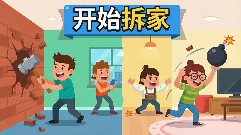 一张卡通风格的多人游戏场景插图,画面中几个卡通角色正在不同区域拆家,有的用锤子砸墙,有的扔炸弹,画面顶部有“开始拆家”标题,整体氛围欢乐热闹,采用扁平化插画风格,色彩丰富,画质清晰干净,无多余元素