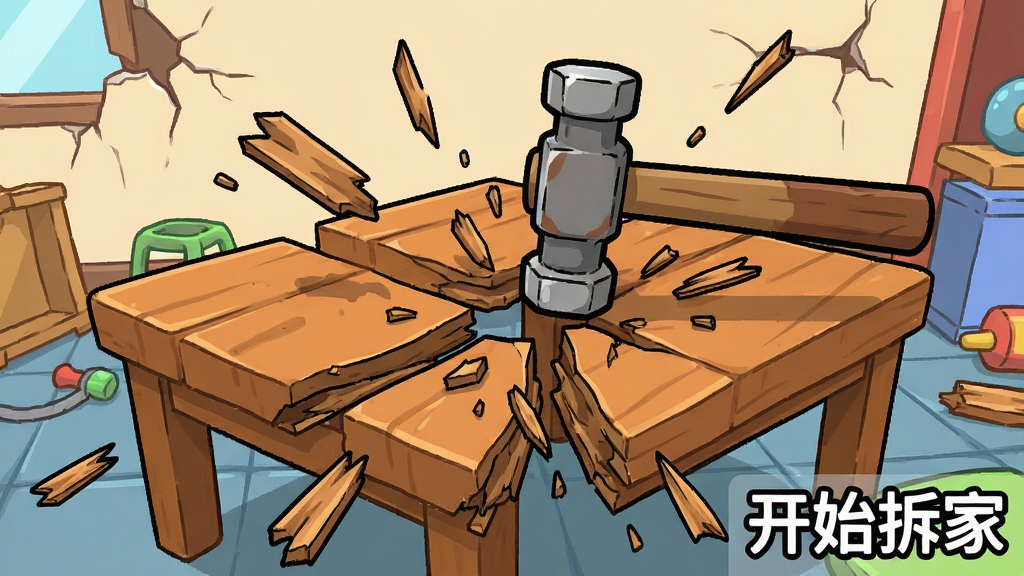 一个卡通风格的破坏场景特写,画面中一张木桌被锤子击中后四分五裂,木屑飞溅,背景是带有裂痕的墙壁和散落的物品,画面角落有“开始拆家”文字标识,风格为色彩明快的2D插画,细节清晰,画质干净,无多余元素