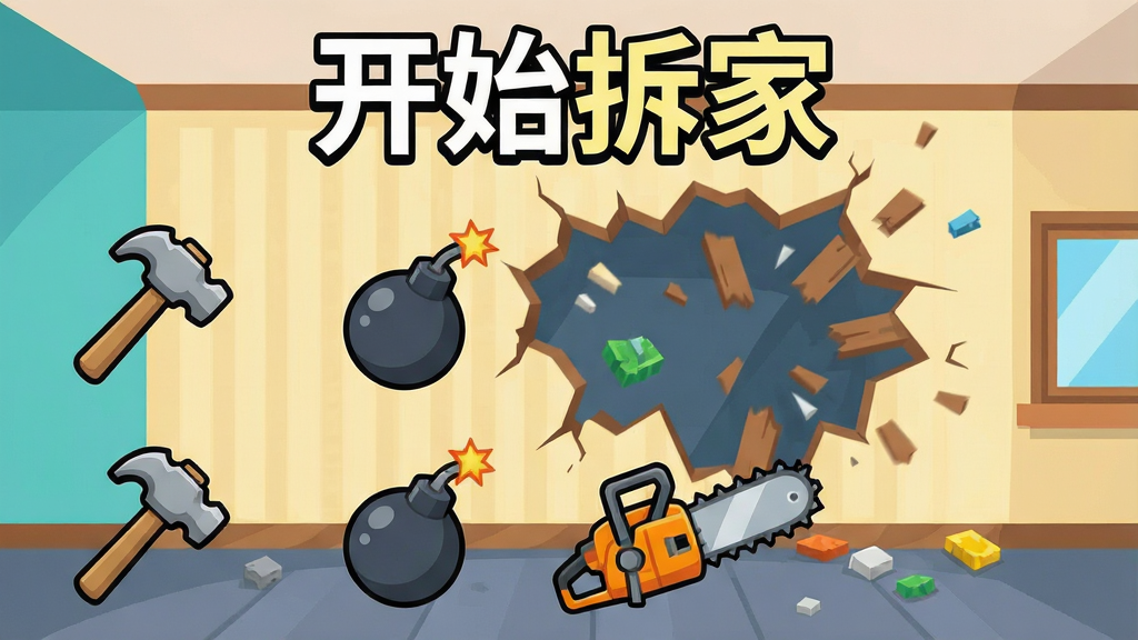 一张展示游戏道具系统的卡通插图,画面中排列着锤子、炸弹、电锯等工具图标,背景是正在倒塌的房间墙壁和飞溅的碎片,画面顶部有“开始拆家”字样,采用扁平化设计风格,色彩鲜艳,构图清晰,画质干净,无多余元素