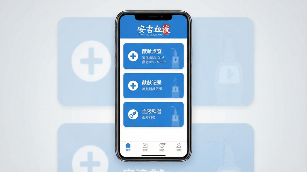 ����ѪҺ�ֻ�Ӧ��������չʾ������������һ�����������ֻ�����Ļ����ʾ����ѪҺAPP����ҳ���֣�����Ϊ����ѪҺ���ֱ�ʶ���в�������Ѫ���ѯ����Ѫ��¼��ѪҺ�����������ܿ�Ƭ���ײ�Ϊ���������������������ˬ��ɫ����ƽ����Ʒ�񣬽���ɾ����࣬�޶���װ��Ԫ�ء�����Ϊǳ��ɫ���䣬ͻ���ֻ���Ļ���ݡ�����������������������ͼ���жԳƣ��ʺ���������վչʾ��