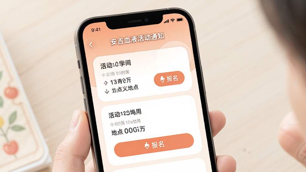 ����ѪҺ�֪ͨҳ�棬�ֻ���Ļ��ʾ��Ѫ��б�����Ϣ���ͽ��棬���Ƭ����ʱ�䡢�ص�ͱ�����ť�����������Բ�ǣ���ɫ��ů����Ϣ�㼶������������࣬�����������޶���Ԫ�ظ��š�