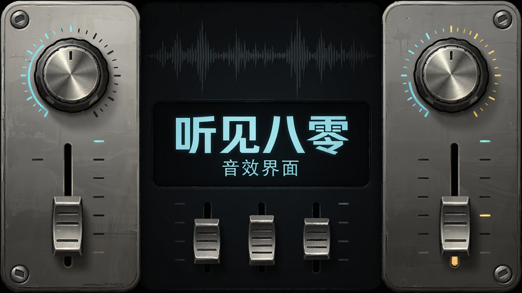 画面主体是一个音频波形调节面板的抽象化视觉,布局为左右对称的旋钮与推子,排版上中央显示“听见八零”音效界面,风格为复古科技感UI插画,细节包括金属质感的旋钮、发光的刻度线、背景中隐约的声波纹理,画质为高清,干净,无多余元素。