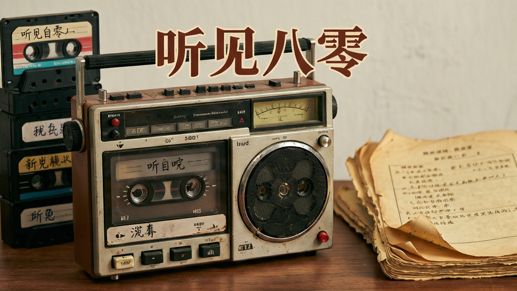 画面主体为一部打开的老式双卡录音机,布局采用三分法构图,左侧是堆叠的磁带盒,右侧是泛黄的歌本,排版上录音机占据画面中心偏左位置,风格为复古静物摄影,细节包括磁带盒上的手写歌名、录音机按键的磨损痕迹、歌本边缘的卷角,画质为高清,干净,无多余元素,画面中浮现“听见八零”四个复古美术字。