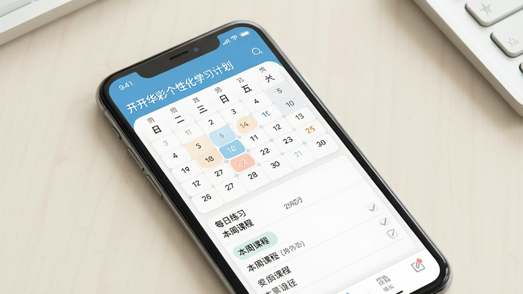 一张展示开开华彩个性化学习计划界面的图片,画面主体为手机屏幕,屏幕内显示学习日历和任务清单,包含“每日练习”“本周课程”等模块,背景为淡雅的浅色桌面,风格简约清新,布局清晰,细节到位,画质高清,干净无多余元素。