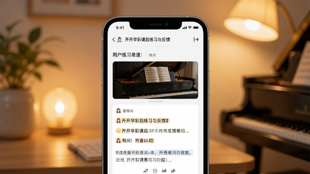 一张展示开开华彩课后练习与反馈界面的图片,画面主体为手机屏幕,屏幕内显示用户提交的钢琴练习录音和老师的文字点评,背景为柔和的暖光环境,风格温馨,布局合理,细节清晰,画质高清,干净无多余元素。