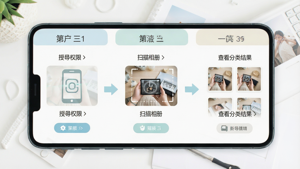 一张展示手机照片相册管家新手操作引导页面的图片,画面中手机屏幕显示分步操作提示,第一步为授予权限,第二步为扫描相册,第三步为查看分类结果,界面风格友好清新,配色柔和,文字清晰,画质干净,无多余装饰。