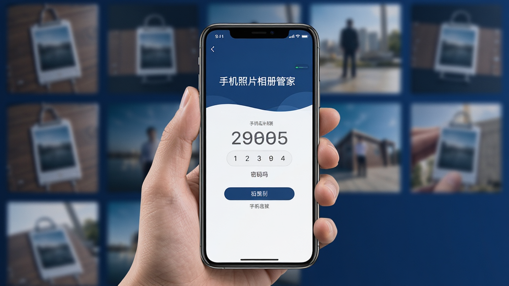 一张展示手机私密相册加密功能的图片,画面中一只手拿着手机,手机屏幕显示“手机照片相册管家”的密码输入界面,背景是模糊的相册缩略图,整体风格安全稳重的深蓝色调,细节清晰,画质高清,干净利落。