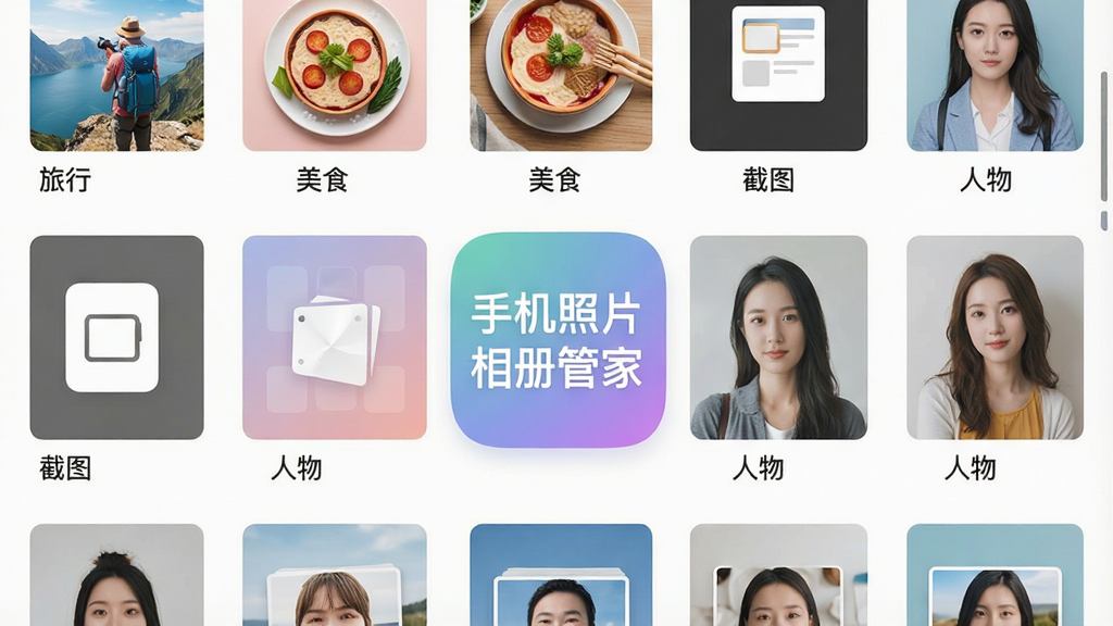 一张展示手机相册智能分类界面的图片,画面中央是“手机照片相册管家”的文字标识,周围环绕着不同分类的相册封面,如“旅行”“美食”“截图”“人物”等,布局整齐,风格现代简约,色彩柔和,画质清晰,干净无多余元素。