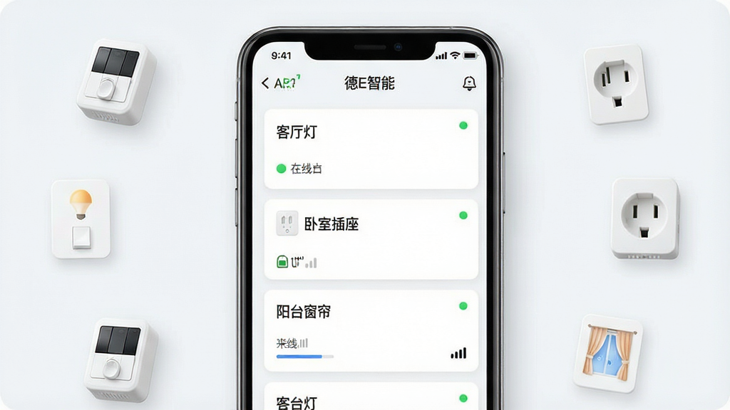 һ��չʾ����E���ܡ�APP�豸�б������ͼƬ������������һ���ֻ�����Ļ�������Ŷ���豸��Ƭ����Ƭ�Ϸֱ��ע�������ơ������Ҳ���������̨�����������֣��ֻ��Ա�ɢ���Ŷ�Ӧ�����ܿ��غͲ���ʵ��Сͼ�꣬����Ϊ�ֻ����С�ͼ�껷�ƣ����Ϊ��ˬǳɫ�Ƽ��磬ϸ�ڰ����豸����״̬СԲ�㡢������ʾ���ź�ǿ�����������������ɾ����޶���Ԫ��