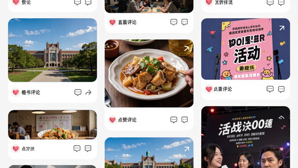 ����Ϊ����APP�Ķ�̬�㳡ҳ�棬����Ϊ�ٲ�����Ƭʽ���Ű�������£����Ϊ����У԰�磬ϸ�ڰ���У԰�羰ͼ����ʳ��Ƭ�������������ͼ���Լ���������ͼ�꣬���ʸ��壬�ɾ����޶���Ԫ��