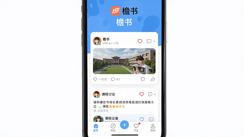 ����Ϊһ�������ֻ�����Ļ��ʾ����APP��У԰�罻���棬����Ϊ���й�ͼ���Ϸ�������LOGO�͡����顱�������м���У԰��̬��Ƭ�Ϳγ����������·��ǵײ����������Ű��������򣬷��Ϊ���¼�Լ�ı�ƽ��UI��ƣ�ϸ�ڰ���ͷ�񡢵��ް�ť���������ݵ�Ԫ�أ����ʸ��壬�ɾ����޶���Ԫ��