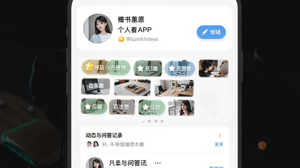 ����Ϊ����APP�ĸ�����ҳ���棬����Ϊ���½ṹ���Ϸ���ͷ���������Ϣ���м�����Ȥ��ǩǽ���·��Ƕ�̬���ʴ��¼�б����Ű����࣬���Ϊ���¸��˿�Ƭ�磬ϸ�ڰ����ȼ����¡��������֡��༭��ť�ȣ����ʸ��壬�ɾ����޶���Ԫ��