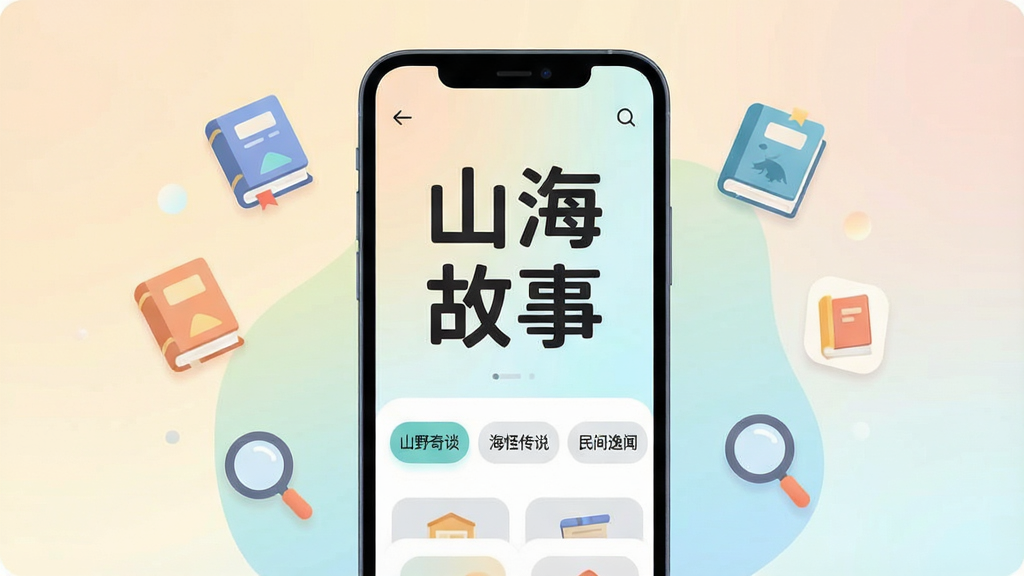 手机应用界面截图风格插画,画面主体为一部竖屏手机,屏幕内显示“山海故事”四个大字与分类标签栏,标签包括“山野奇谈”“海怪传说”“民间逸闻”,手机周围漂浮着小型故事书图标与放大镜图标,布局为手机居中、图标环绕,风格为扁平化UI插画,细节包含柔和的渐变底色与圆角卡片,画质清晰,干净,无多余元素